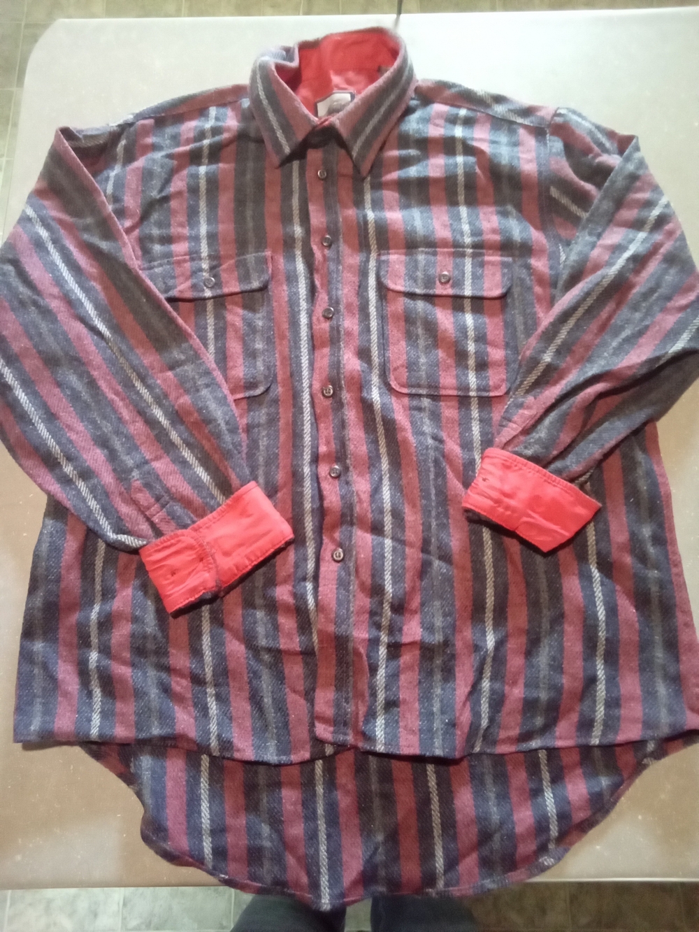 Vintage Fieldmaster Wool Blend "Shacket".Mens.Red and Gray Striped Button-Down